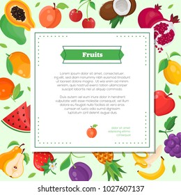 Fresh fruit - modern colorful vector illustration with place for your text in a square frame. High quality poster with banana, watermelon, cherry, apple, grape, coconut, lemon, strawberry, pear