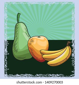 Fresh fruit nutrition healthy grouped colorful pear mango and bananas fitness diet options drawing surface background vector illustration graphic design