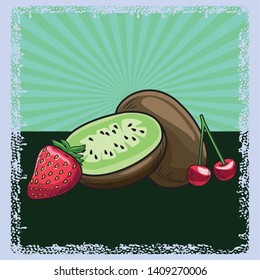 Fresh fruit nutrition healthy grouped colorful strawberry kiwi and cherry fitness diet options drawing surface background vector illustration graphic design