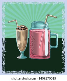 Fresh fruit nutrition healthy grouped colorful frozen milkshake and juice glass fitness diet options drawing surface background vector illustration graphic design