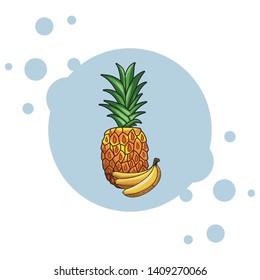 Fresh fruit nutrition healthy grouped colorful pineapple and bananas fitness diet options drawing blue splash frame vector illustration graphic design