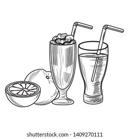 Fresh fruit nutrition healthy grouped orange and milkshake and juice glass black and white drawing fitness diet options vector illustration graphic design