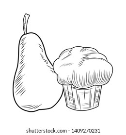 Fresh fruit nutrition healthy grouped pear and muffin black and white drawing fitness diet options vector illustration graphic design