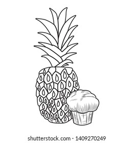 Fresh fruit nutrition healthy grouped pineapple and muffin black and white drawing fitness diet options vector illustration graphic design