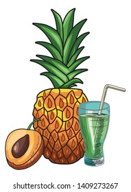 Fresh fruit nutrition healthy grouped colorful peach pineapple and juice glass with straw fitness diet options drawing vector illustration graphic design