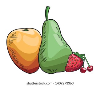 Fresh fruit nutrition healthy grouped colorful mango pear strawberry and cherry fitness diet options drawing vector illustration graphic design