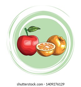 Fresh fruit nutrition healthy grouped apple and orange fitness diet options round splash frame vector illustration graphic design