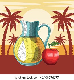 Fresh fruit nutrition healthy grouped orange juice and apple fitness diet options beach palm trees background vector illustration graphic design