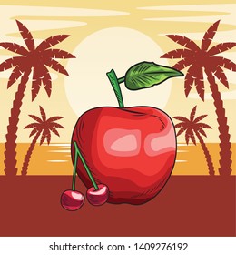 Fresh fruit nutrition healthy grouped cherry and apple fitness diet options beach palm trees background vector illustration graphic design
