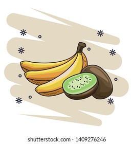 Fresh fruit nutrition healthy grouped bananas and kiwi fitness diet options sparkles splash frame vector illustration graphic design