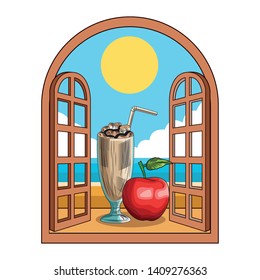 Fresh fruit nutrition healthy grouped frozen milkshake and apple fitness diet options sunny window frame vector illustration graphic design