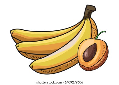Fresh fruit nutrition healthy grouped bananas and peach fitness diet options vector illustration graphic design