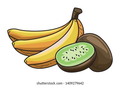 Fresh fruit nutrition healthy grouped bananas and kiwi fitness diet options vector illustration graphic design