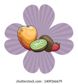 Fresh fruit nutrition healthy mango kiwi and strawberry fitness diet options drawing flower frame vector illustration graphic design