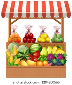 Fresh fruit on wooden stall illustration