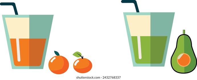 Fresh fruit orange and Avocado juice design. Fresh squeezed juice Glass. Healthy organic food. Citrus fruit. Vector illustration in flat trendy style isolated on white background.
