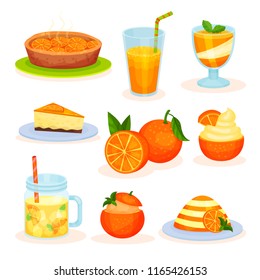 Fresh fruit orange desserts, freshly baked pie, juice, mousse, cake, pudding vector Illustrations on a white background