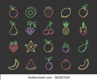 Fresh Fruit outline color icon set on dark background. Flat line sign vector illustration for your design