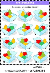 Fresh fruit packaging visual puzzle: Can you spot two identical pictures? Answer included.