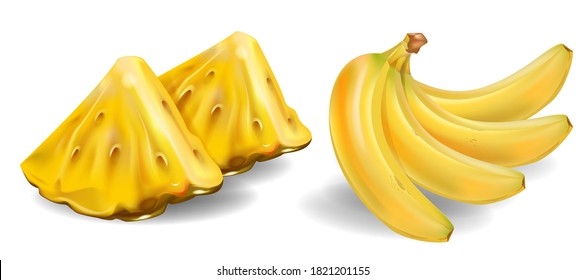 Fresh fruit and pieces pineapple and bananas in 3d. Juicy fruits and berries isolated on white background. Realistic fruit pulp icon set. Vector illustration