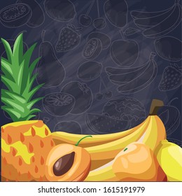 fresh fruit pineapple apricot mango and banana food healthy vector illustration