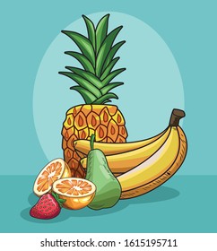 fresh fruit pineapple orange pear banana strawberry food healthy vector illustration