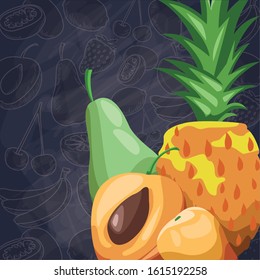fresh fruit pineapple pear apricots food healthy vector illustration
