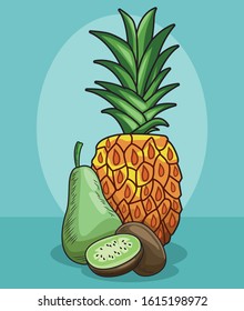 fresh fruit pineapple pear and kiwi food healthy vector illustration