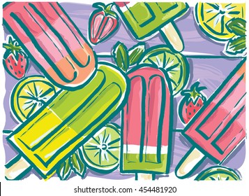 Fresh fruit and popsicles arranged on rustic painted wood table.