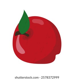 Fresh fruit red apple with green leaf cartoon illustration