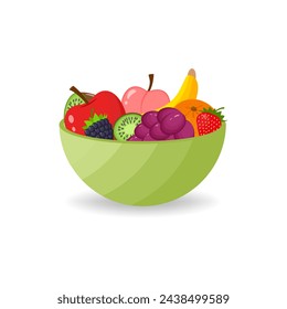 Fresh fruit salad in green bowl isolated on white background. Healthy eating concept. Vector illustration in flat design.