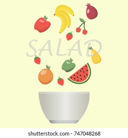 Fresh fruit salad. On a light yellow background with a transparent salad bowl. Healthy food. Healthy lifestyle.