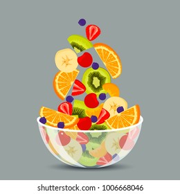 Fresh Fruit Salad In A Transparent Bowl Isolated On Background. The Concept Of Healthy And Sports Nutrition. Vector Illustration In A Flat Design.