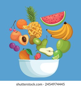 Fresh fruit salad in a transparent bowl isolated on background. The concept of healthy and sports nutrition. Vector illustration in flat design.