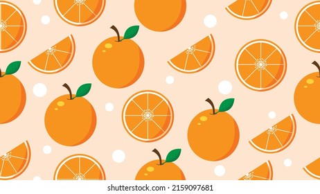 Fresh fruit seamless pattern vector. Summer orange, leaves, round shapes, tropical fruits background. Oranges repeated in fabric pattern for prints, wallpaper, cover, papers, packaging.