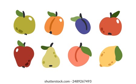 Set de fruta fresca. Limón, manzana roja y verde, baya de ciruela, melocotón, pera, colección de albaricoque. Iconos de comida de verano de vitaminas dulces saludables. Comida natural. Ilustración vectorial plana aislada sobre fondo blanco