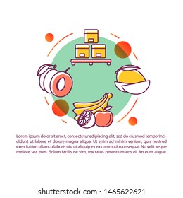 Fresh fruit shipment article page vector template. Eco food industry. Brochure, magazine, booklet design element with linear icons and text boxes. Print design. Concept illustrations with text space