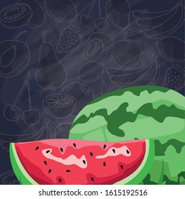 fresh fruit slice and whole watermelon food healthy vector illustration