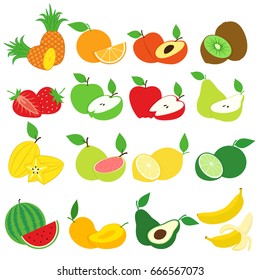 Fresh Fruit and Slices Icon Collection Set Vector Design Stock Image. Collection Set such as Pineapple, Orange, Peach, Kiwi, Strawberry, Apple, Pear, Lemon, Guava, Star Fruit, Watermelon, Banana