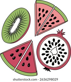 Fresh Fruit Slices Illustration Of Kiwi, Watermelon, Dragon Fruit