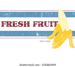 Slogan de fruta fresca con ilustraciones vectoriales de plátano. Para impresiones en pantalones t y otros usos. - Vektör