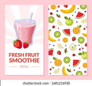 Fresh Fruit Smoothie Menu Card Template With Ripe Fruits Seamless Pattern Vector Illustration