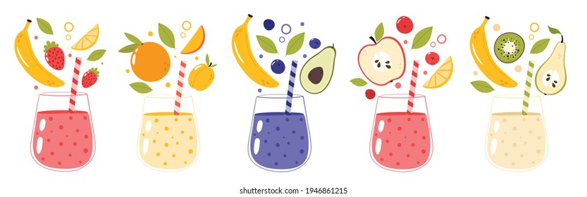 Fresh fruit smoothie recipe set. Glass with drinking straw.  Hand drawn vector illustration isolated on white background. Organic, fresh fruits. Concept for restaurant, cafe, bar menu. 
