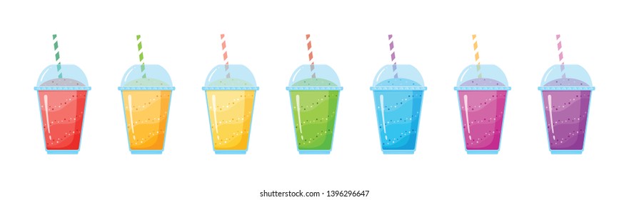 Fresh fruit smoothie shake cocktail set vector illustration. Coolection of glass with layers of sweet vitamin juice cocktail or protein shake in rainbow colors for smoothies summer menu