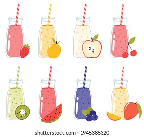 Fresh fruit smoothies collection in glass bottles with drinking straw, Different fruits. Hand drawn vector illustration. Isolated on white background. Concept for restaurant, cafe, bar menu.