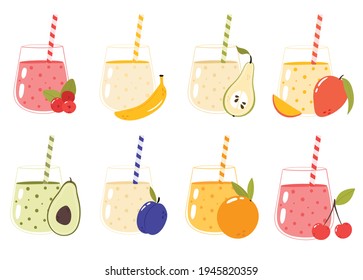 Fresh fruit smoothies collection. Glass with drinking straw, Different fruits. Hand drawn vector illustration. Isolated on white background. Concept for restaurant, cafe, bar menu.
