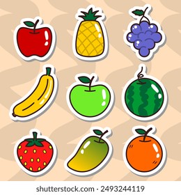 Fresh fruit stickers in vector EPS format, ideal for children's learning, posters, icons, symbols, and books. Suitable for teaching fruit names. Flat cartoon fruit with cutting lines for easy printing