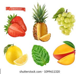 Fresh fruit. Strawberry, pineapple, grapes, lemon, mint and mango. 3d vector icons set. Realistic