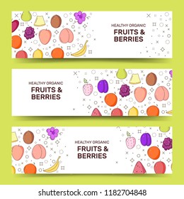 Fresh fruit. Summer healthy diet organically grown fruits and berries 3 horizontal colorful banners set abstract isolated vector illustration.