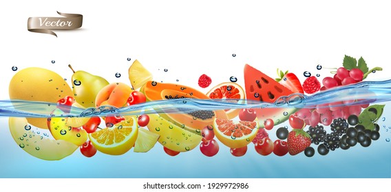 Fresh fruit and sweet berries  in transparent water and oxygen bubbles. Strawberry, raspberry, blackberry, papaya, orange, guava, citron, grape, watermelon, honey melon, mango, peach, cherry. Vector